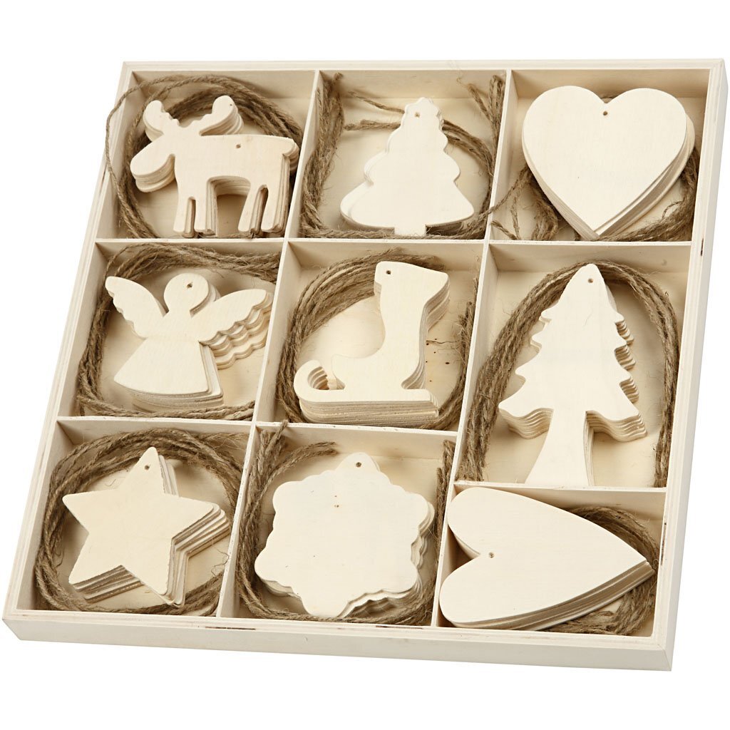 Wooden Ornament - Assortment, size 7-8 cm, thickness 3 cm, plywood, christmas, 7