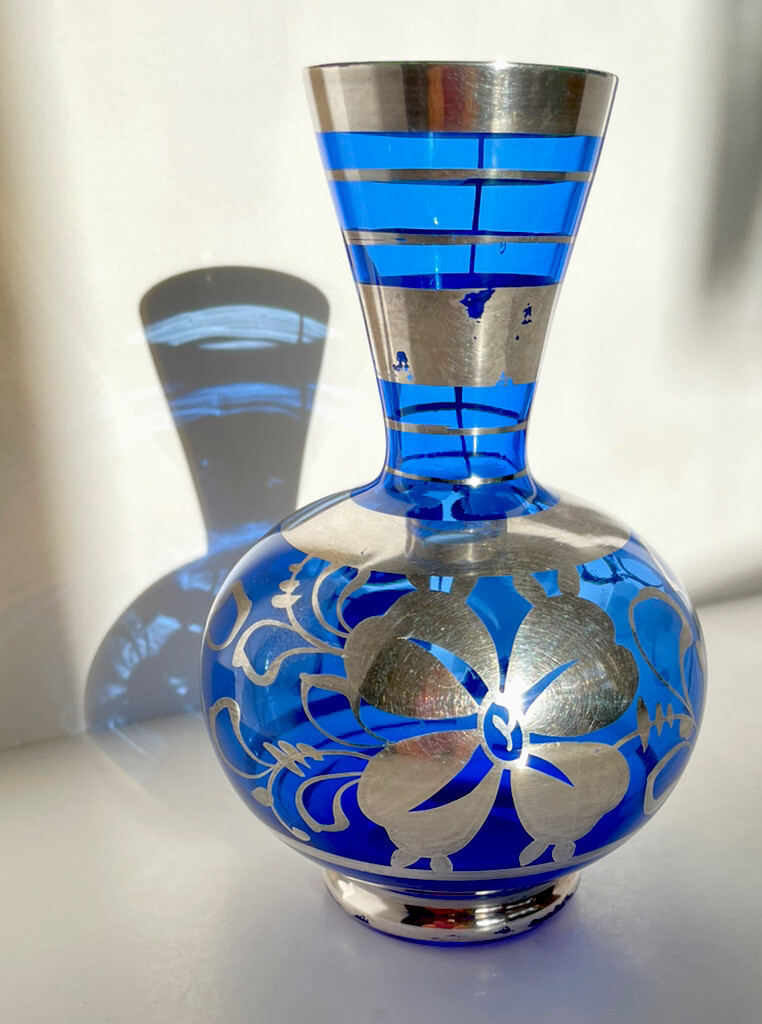 Antique Cobalt Blue Glass Vase Hand Painted Silver Overlay Italy eBay