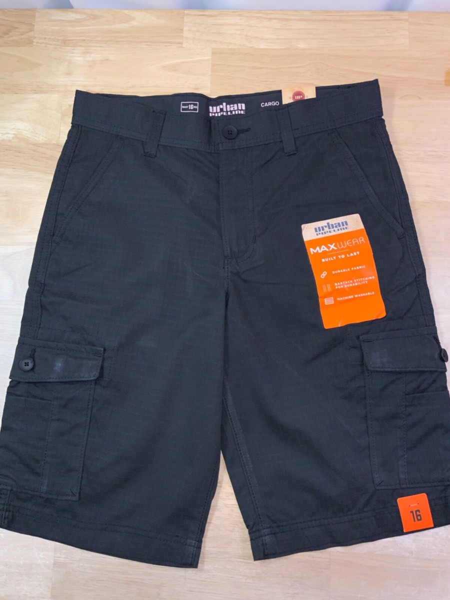 New Boy's Urban Pipeline Cargo Shorts In Black with Square Design