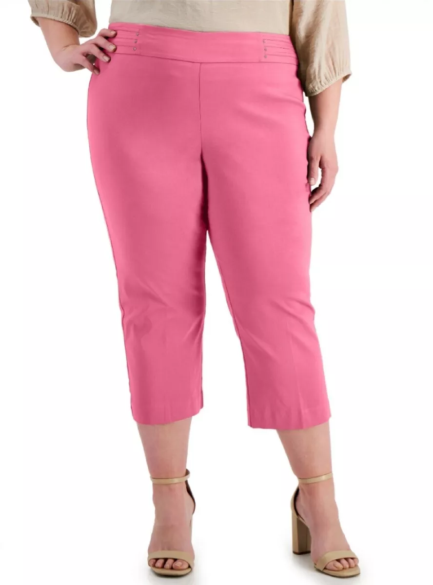 JM Collection Women's Plus Sz 4X Tummy Control Pull on Capri Stretch Pants  Pink