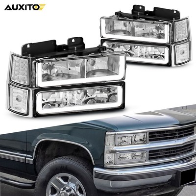 Fit For 88-98 Chevy GMC Sierra C/K Silverado Chrome LED Tube Headlights HeadLamp