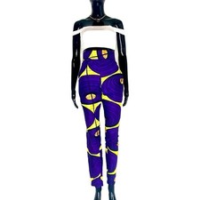 Purple  Yellow High Waist Women African Print Pants  