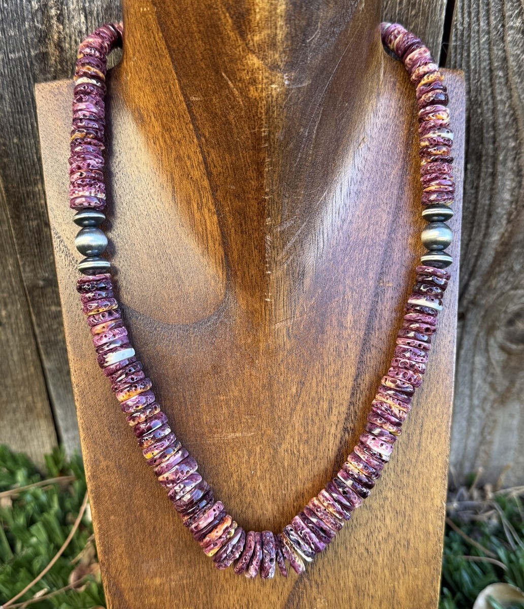 Sterling Silver Graduated Purple Spiny Oyster W Pearls Saucer Bead  18”