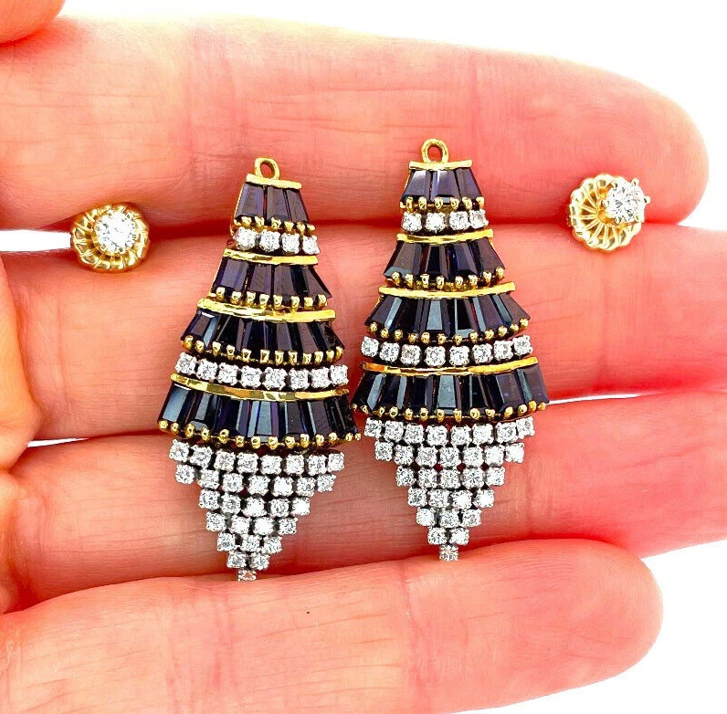 Vintage NO HEAT Blue Sapphire Diamond Earrings Jackets 14K Gold 1950s