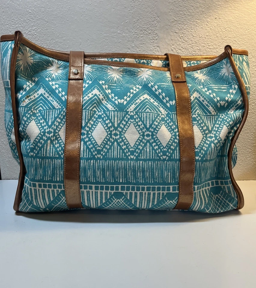 Bella Taylor Large Canvas Tote Bag Blue White 100% Cotton Faux Leather Travel - Image 2 of 4