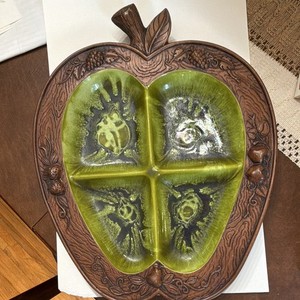 Treasure Craft 381 Apple Divided Ceramic Serving Tray Green/Brown Made USA