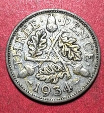 1934 British King George V SILVER Threepence! Choice VF! Old Coin!