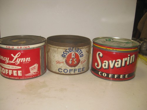 Antique  Coffee One Pound Tin Can Set lot of 3 Farmhouse Tin Collector