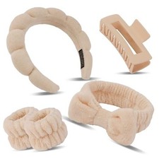 Spa Headband Wristband Set with Hair Clips Skincare Headbands for khaki