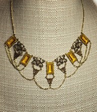 SADIE GREEN VINTAGE Brass and Czech Glass Citrine Color Necklace 18