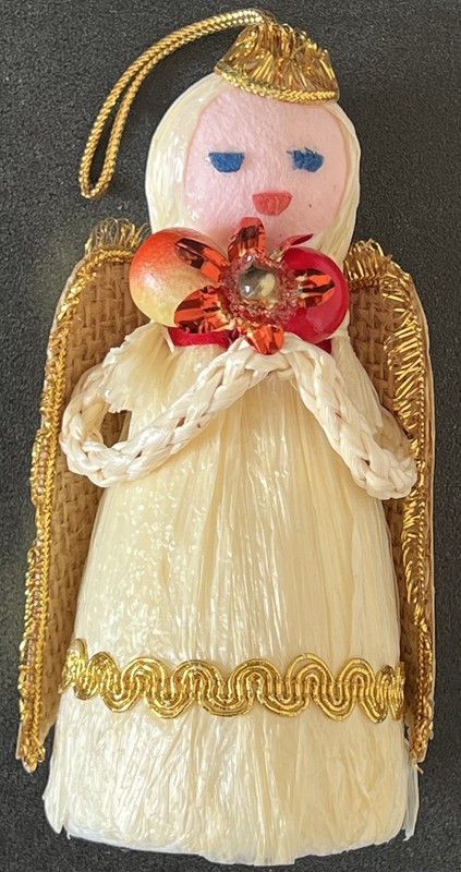 VTG Mr. Christmas 1969 Cornhusk Angel Ornament 5" w/ Poinsettia Flower & Fruit