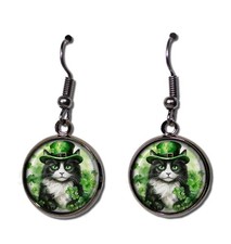St. Patrick's Day Tuxedo Cat Irish Hat - Handmade Round Resin Dangling Earrings