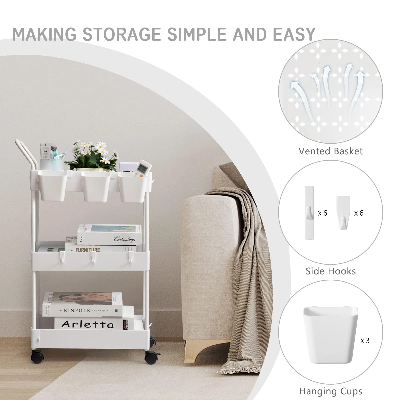 3-Tier Slim Storage Cart on Wheels Mobile Kitchen Bathroom Organizer Rack White