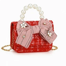 Girl Mini Purse Red Tweed With Pink Bow