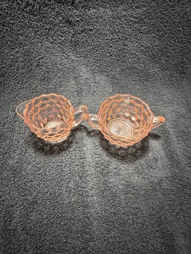 Pink Depression Glass Creamer & Sugar Set Cube Block Pattern Vintage 1930s