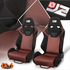 J2 2X Universal Red Stitching Mesh Back Reclinable Racing Bucket Seat w/Sliders