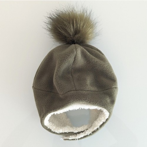 Stonz Fleece Trapper Hat Faux Fur Pom 6-18 Months Olive Green Sherpa Lined