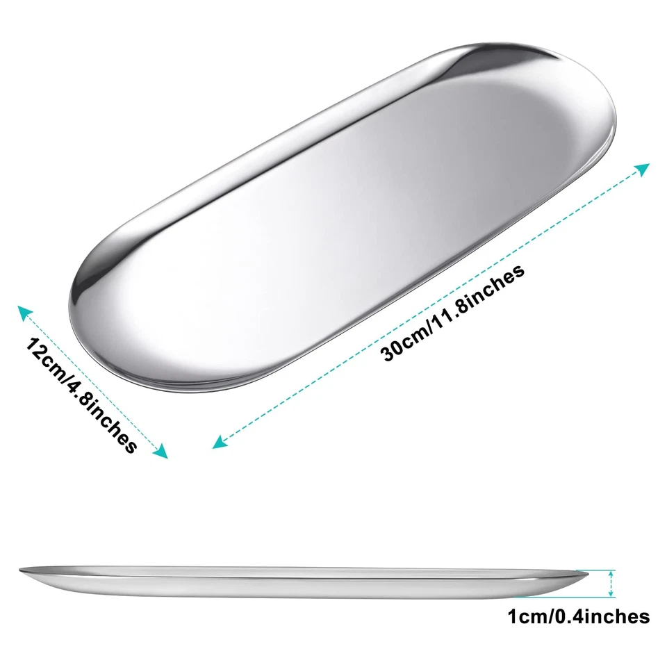 Silver Oval Stainless Steel Tray (30cm x 12cm) – Mini Coffee Table Tray for J... - Image 2 of 4