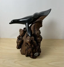 John Perry Studio Large Black Seal Sculpture Figurine Mounted On Burlwood VTG