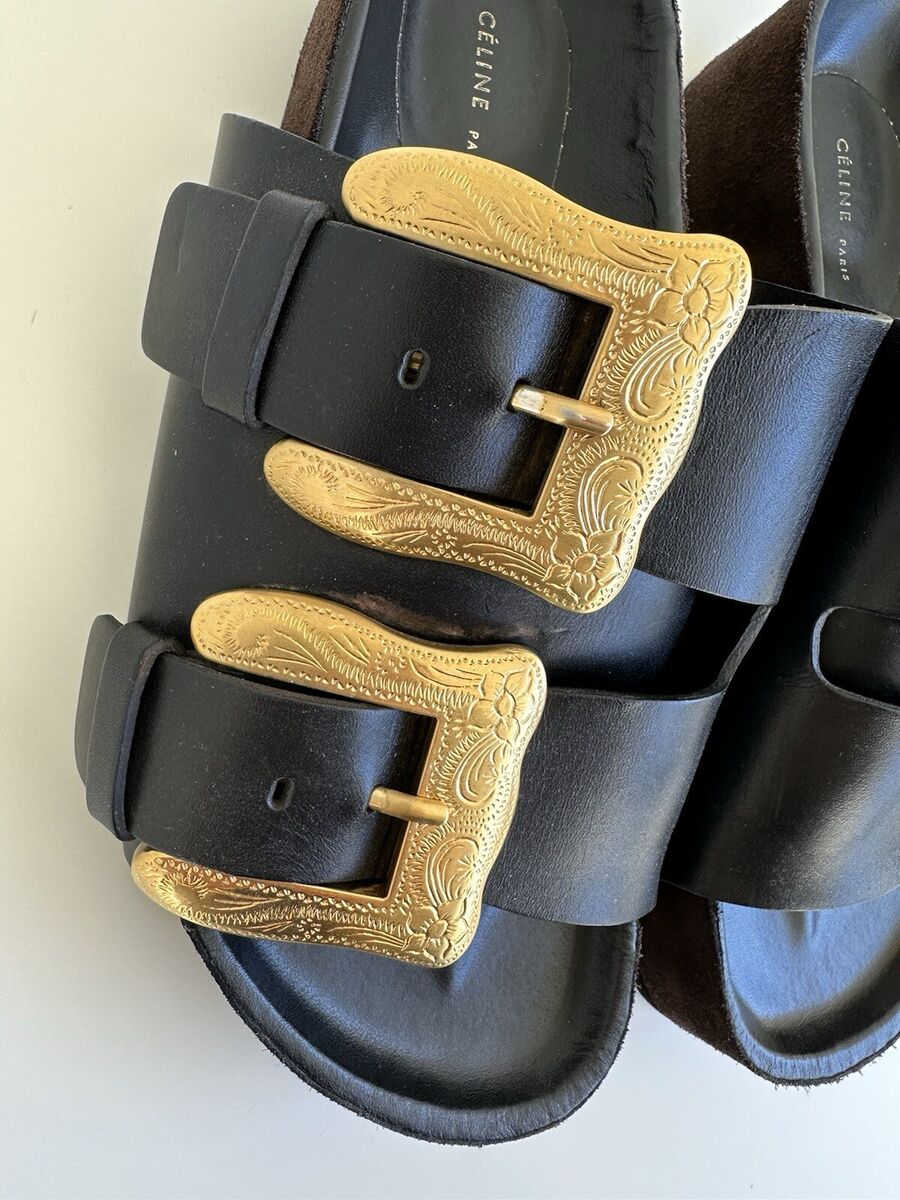 Celine Western Buckle Slides Boxy Wide Band Sandals 38 Celine Western Buckle Slides Boxy Wide Band Sandals 38