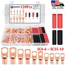120PCS Copper Lugs Ring Terminals Bare Battery Welding Crimp Wire Connectors Kit