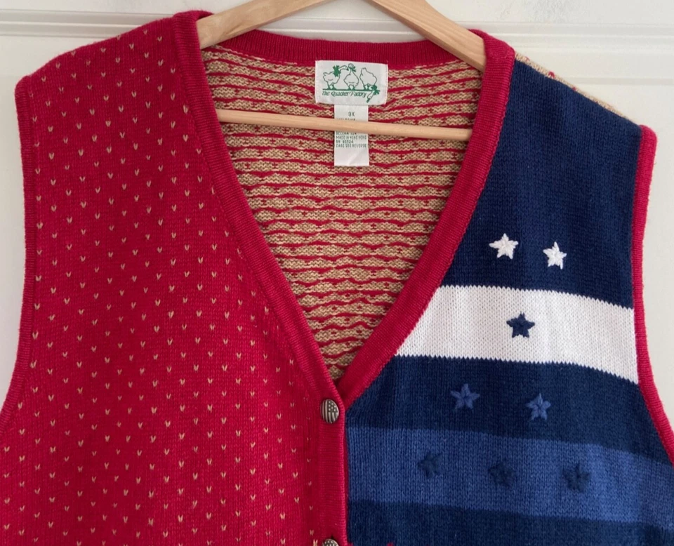 Vintage Quacker Factory Sweater Vest Sz 3X Patchwork Patriotic Americana Holiday - Image 3 of 4