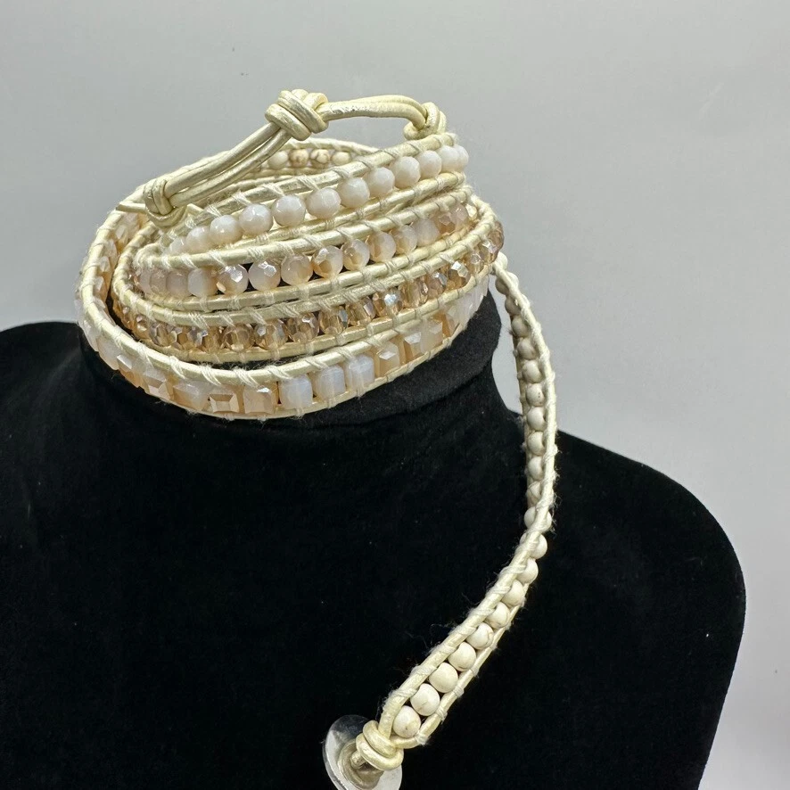 OFF WHITE Bracciale Victoria Emerson Wrap Donna Bianco Panna Brandi su Perline Naturali