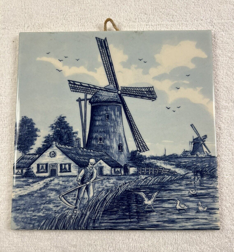 Royal Mosa Holland Delft Blue Hand Painted Ceramic Tile - Windmills 6" - Picture 1 of 16