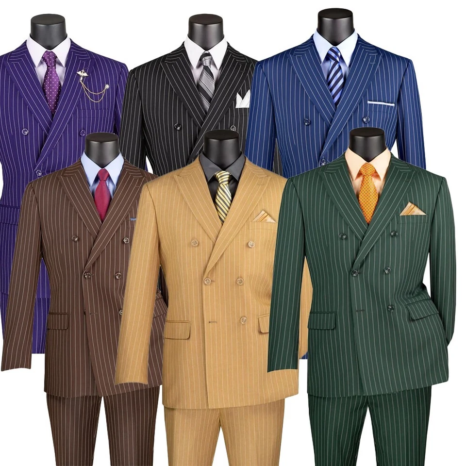 Traje de calce clásico negro Vinci para hombre sensación de lana 6 botones a rayas doble pecho Foto 2 de 2