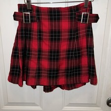 Justice Girls Plaid Pleated Mini Skirt Skort Size 14-16 Red Black Tartan Pull On