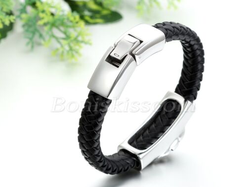 Men's Braided Black Genuine Leather Stainless Steel Lion Head Bracelet Wristband - Picture 3 of 4