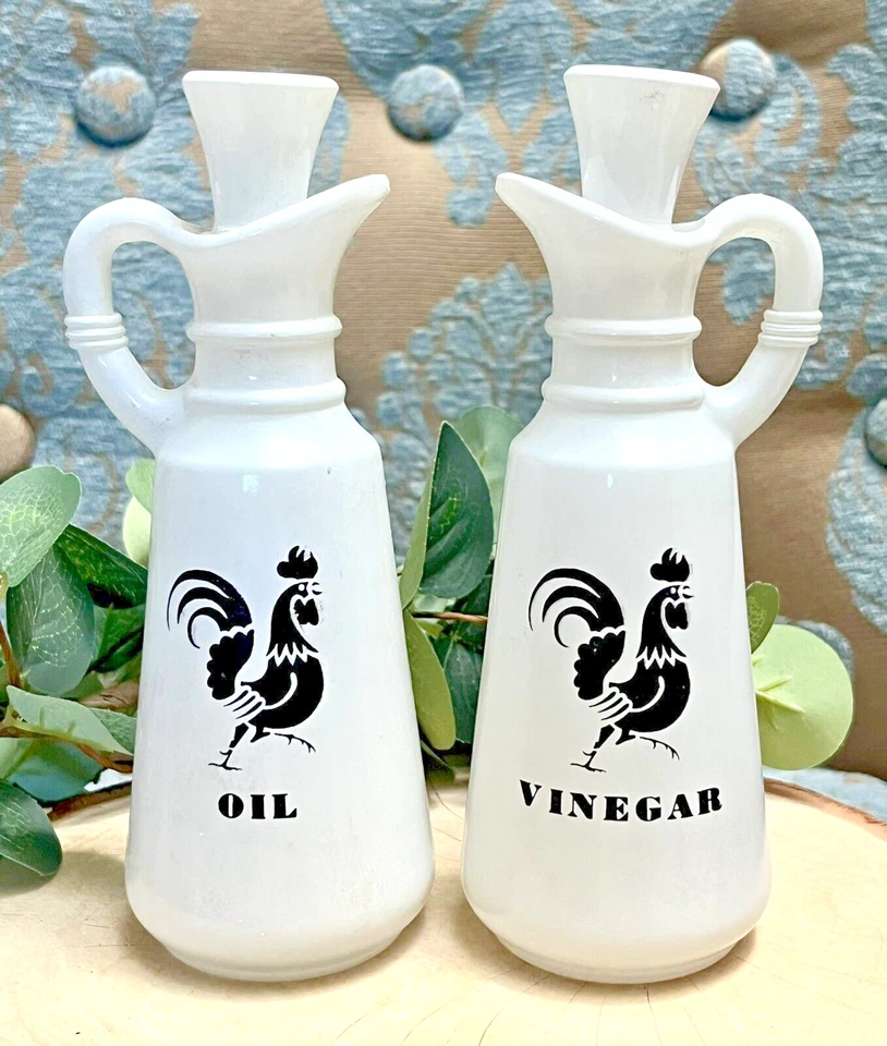 DE COLECCIÓN ANCHOR HOCKING ROOSTER Blanco y Negro CRUET Set ACEITE Y VINAGRE VIDRIO DE LECHE Foto 4 de 4