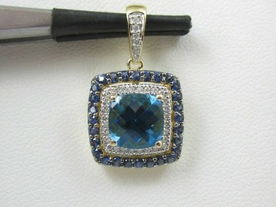 2CT Cushion Cut London Blue Topaz Halo Pendant 14K Yellow Gold Plated Free Chain