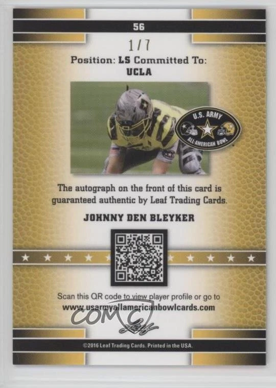 2016 Leaf US Army All-American Bowl Metal /7 Johnny Den Bleyker #56 Auto - Image 2 of 2