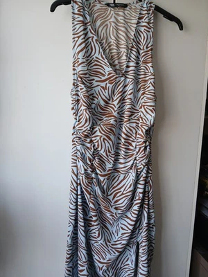 Zara Midi Dress blue/brown zebra print gathering down front racer style back - Image 1 of 4