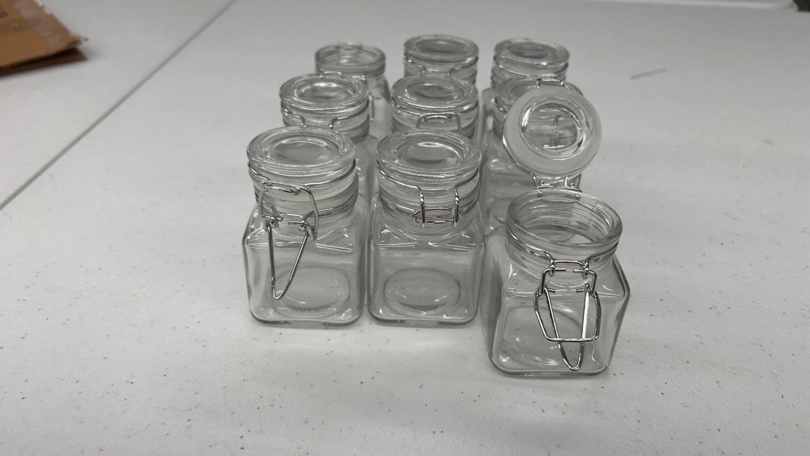 Lot Of 9 3oz Glass Jar With Locking Wire Bale.