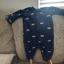 Carter's 6M Navy Blue Fleece One Piece Pajamas Football Print Zip Long Sleeve
