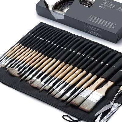 Pinselset 25-teilig für Acryl, Öl, Aquarell mit Tasche und Spachtel