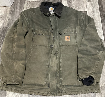 Carhartt C26 MOS Green Men's XL Work Jacket Distressed Quilt Lined Chore Warm