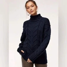 Aritzia Wilfred Sweater Womens Msz  Navy 100% Merino Wool Turtleneck Cable Knit