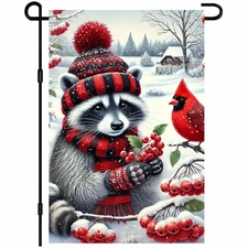 Winter Garden Flag 12X18 Inch Welcome Winter Raccoon Scene with Red Scarf Snowy 