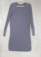 Free People Women's XS Gray V-Neck Long Sleeve Ribbed Sweater Dress Side Slit