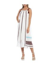 Reba Geometric Embroidered Cotton Swing Dress Lined Vacay Beach Resort Women’s S