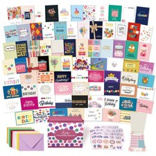 Bulk Birthday Cards Set: 80 Unique Designs, Envelopes  Stickers, 5x7 Inches