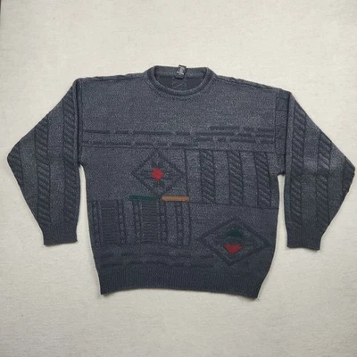Herren Pullover Strick Gr. L Sweatshirt Muster Sweater Jumper Grau Wolle Retro - Bild 1 von 4