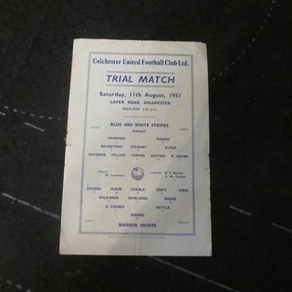Colchester Trial Match 1951/2 Season Single Sheet