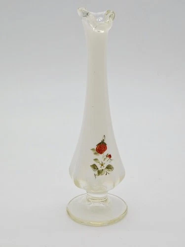 Vintage Fenton Opalescent Strawberry Bud Vase Hand Painted Signed Lisa C.