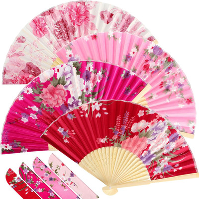 4 Pack Handheld Floral Folding Fans Hand Held Silk Bamboo Fans with Tassel Women