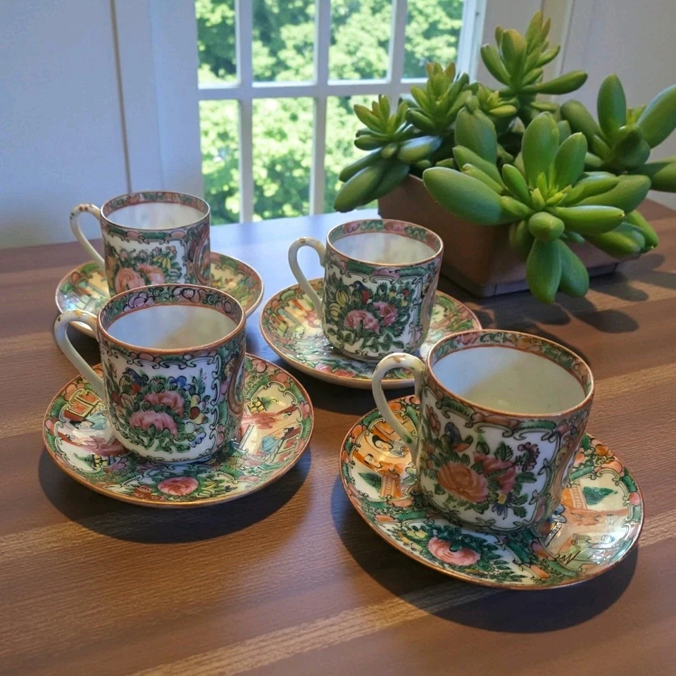 Set Of 4 Vintage Famille Rose Medallion Demitasse Cups & Saucers Red China Mark - Image 2 of 4