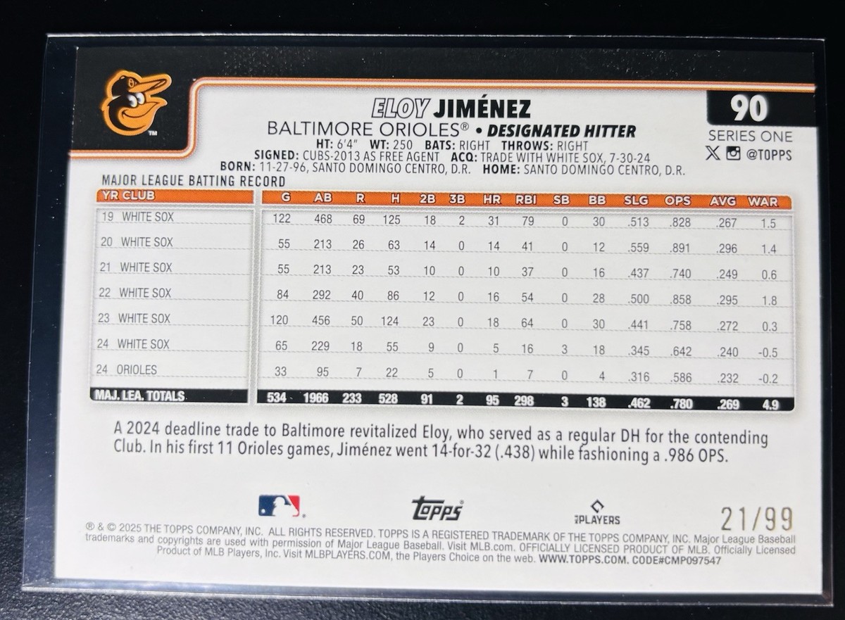 Eloy Jimenez 2025 Topps Series 1 Green Rainbow Holo Foil /99